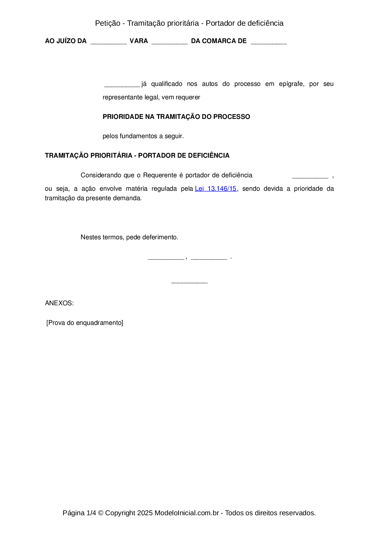 Modelo Petição - Tramitação prioritária - Portador de deficiência