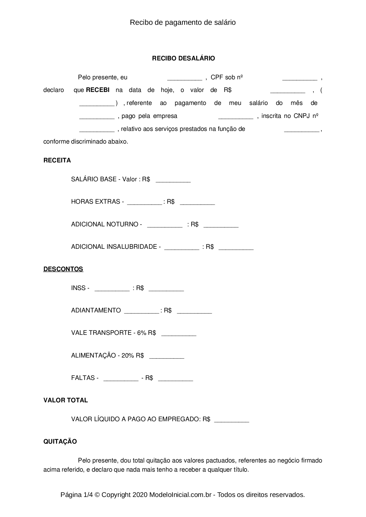 Modelo Recibo de pagamento de salário