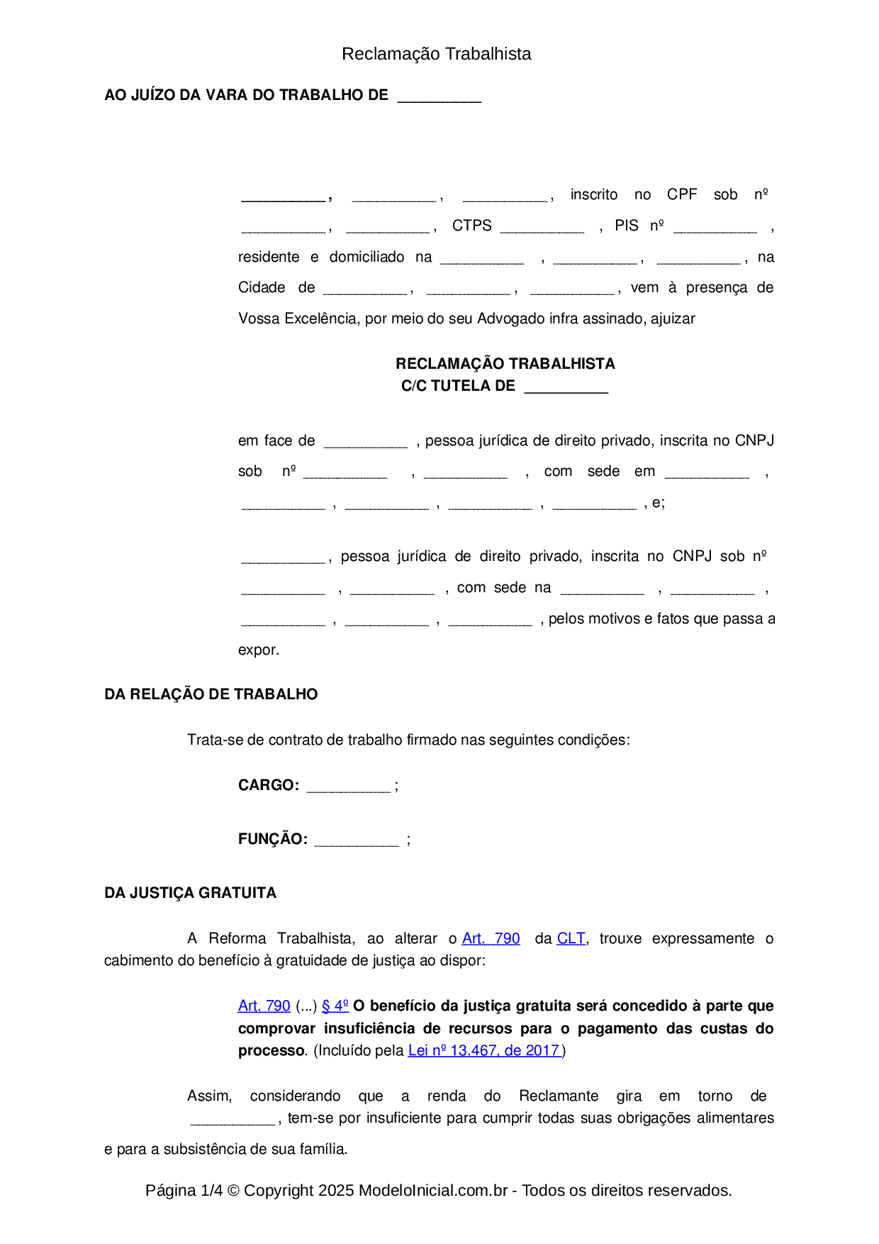 Modelo Reclamação Trabalhista - Atualizada 2025