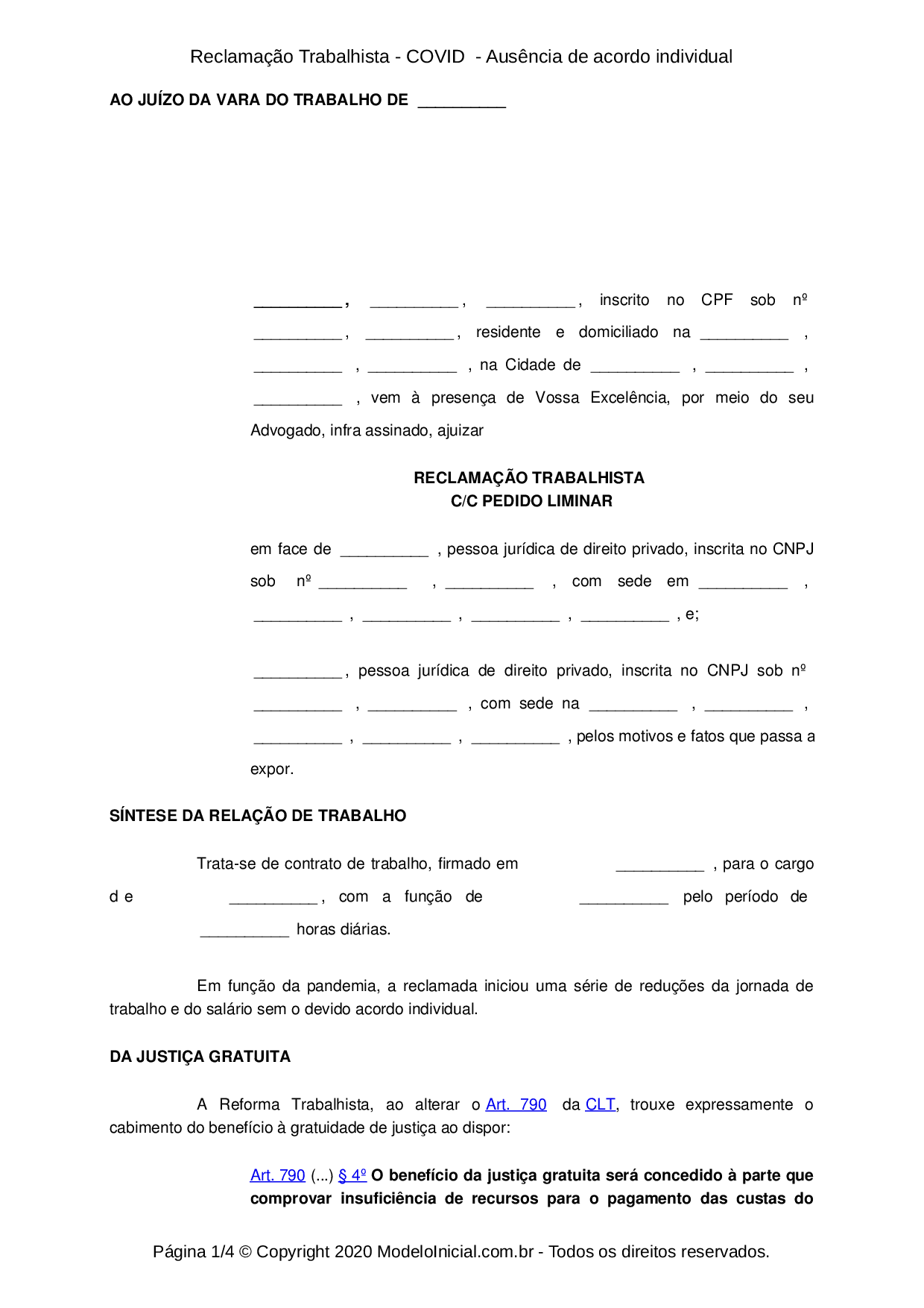 Modelo Reclamação Trabalhista - COVID - Ausência De Acordo Individual