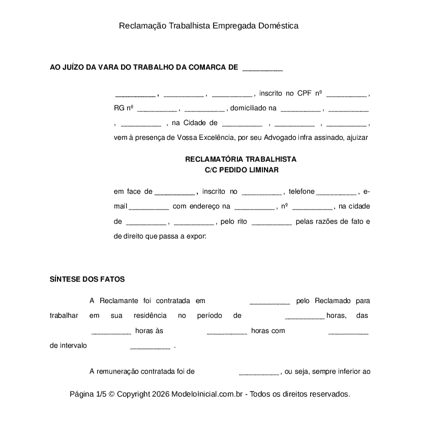Reclama&ccedil;&atilde;o Trabalhista Empregada Dom&eacute;stica&nbsp;