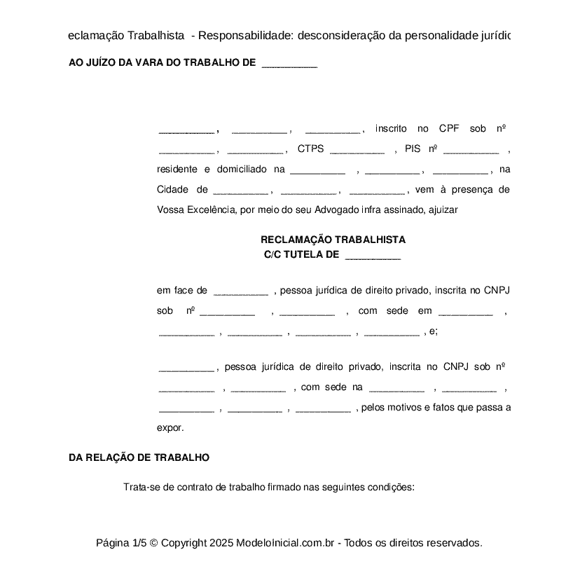 Reclamação Trabalhista  - Responsabilidade: desconsideração da personalidade jurídica