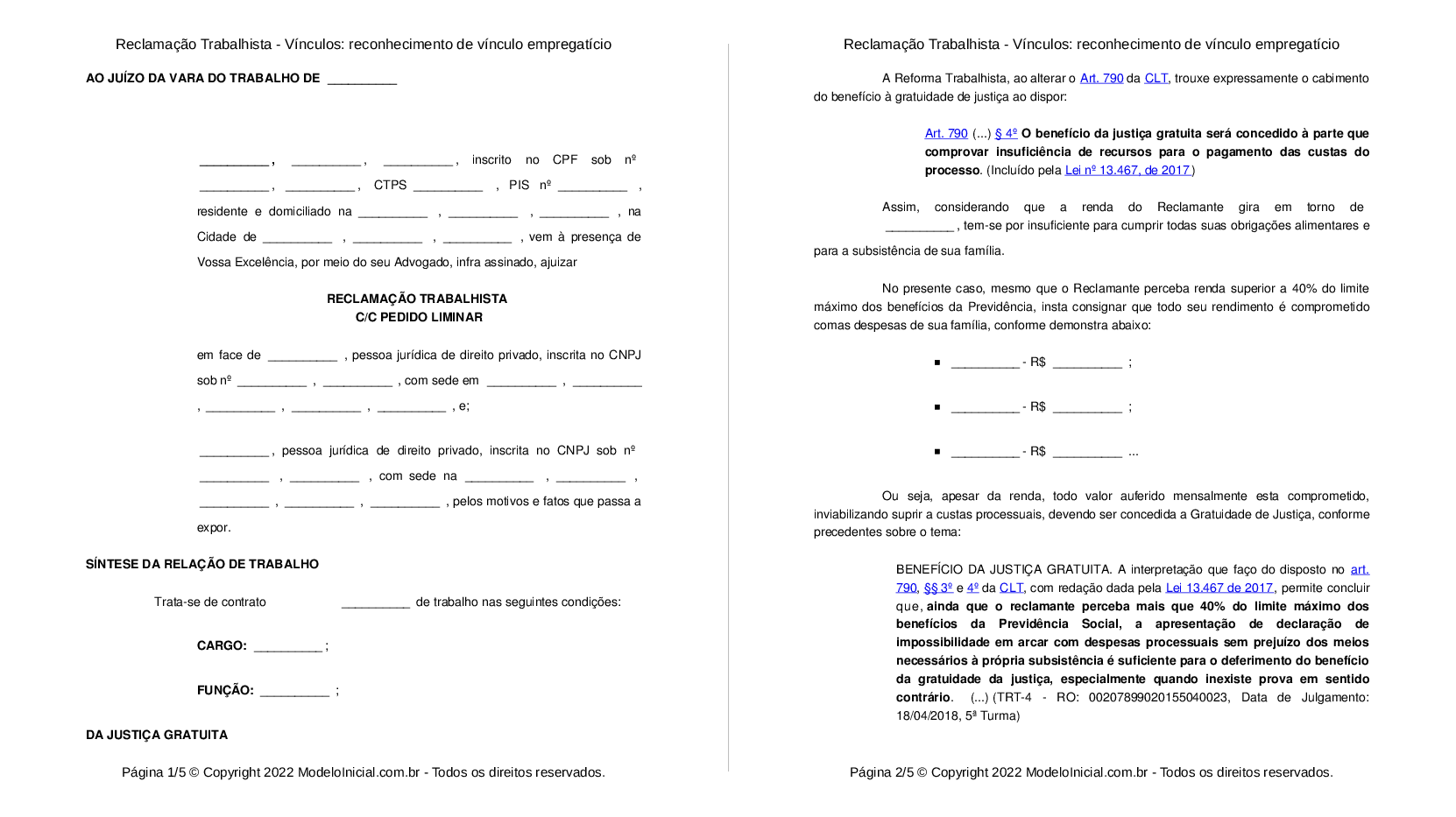 Modelo Reclamação Trabalhista - Vínculos: reconhecimento de vínculo  empregatício