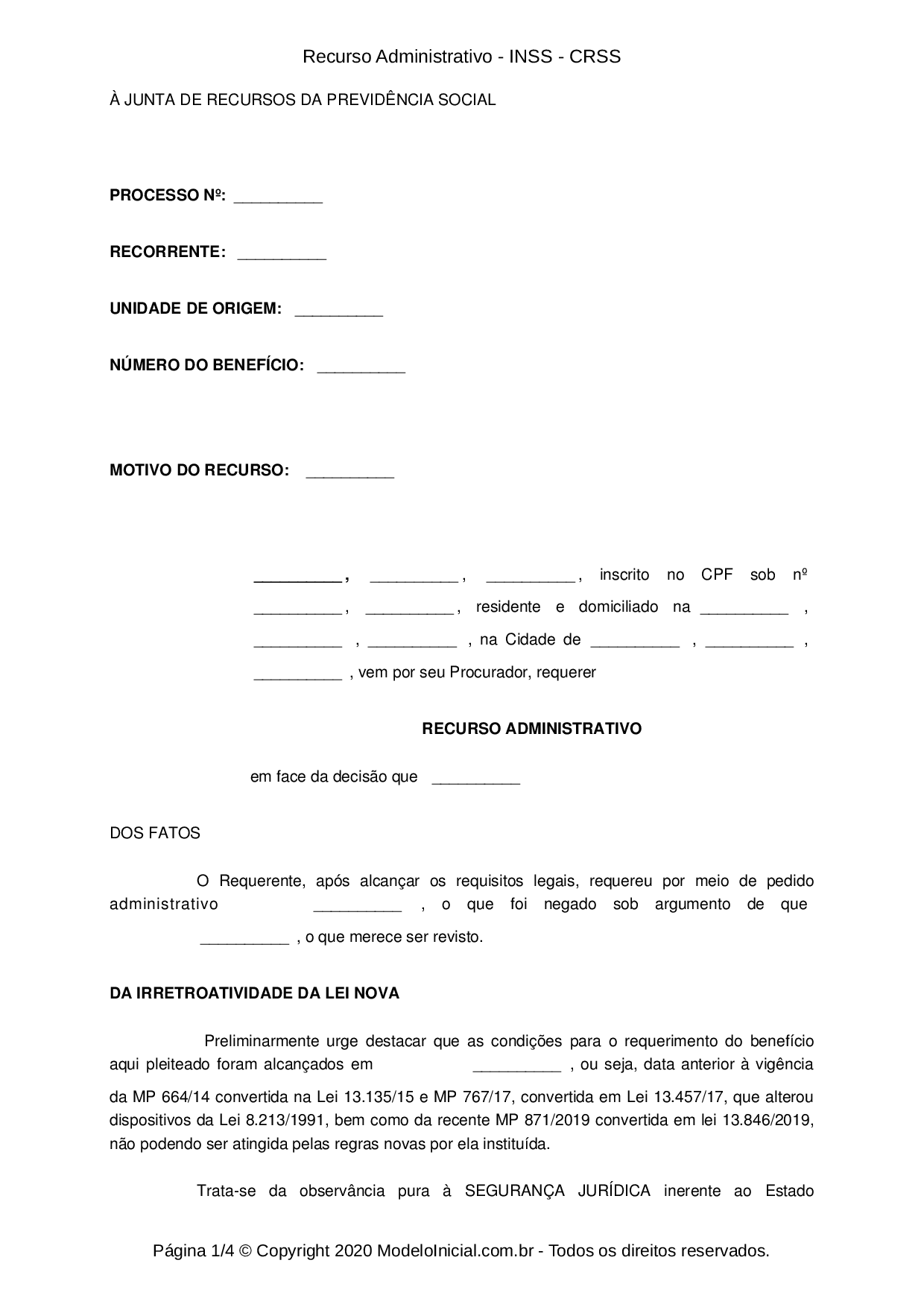 Modelo Recurso Administrativo Inss Crss 5429