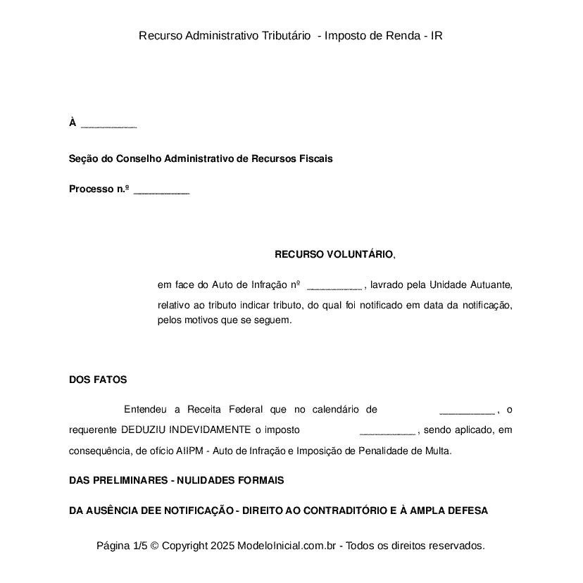 Recurso Administrativo Tributário  - Imposto de Renda - IR