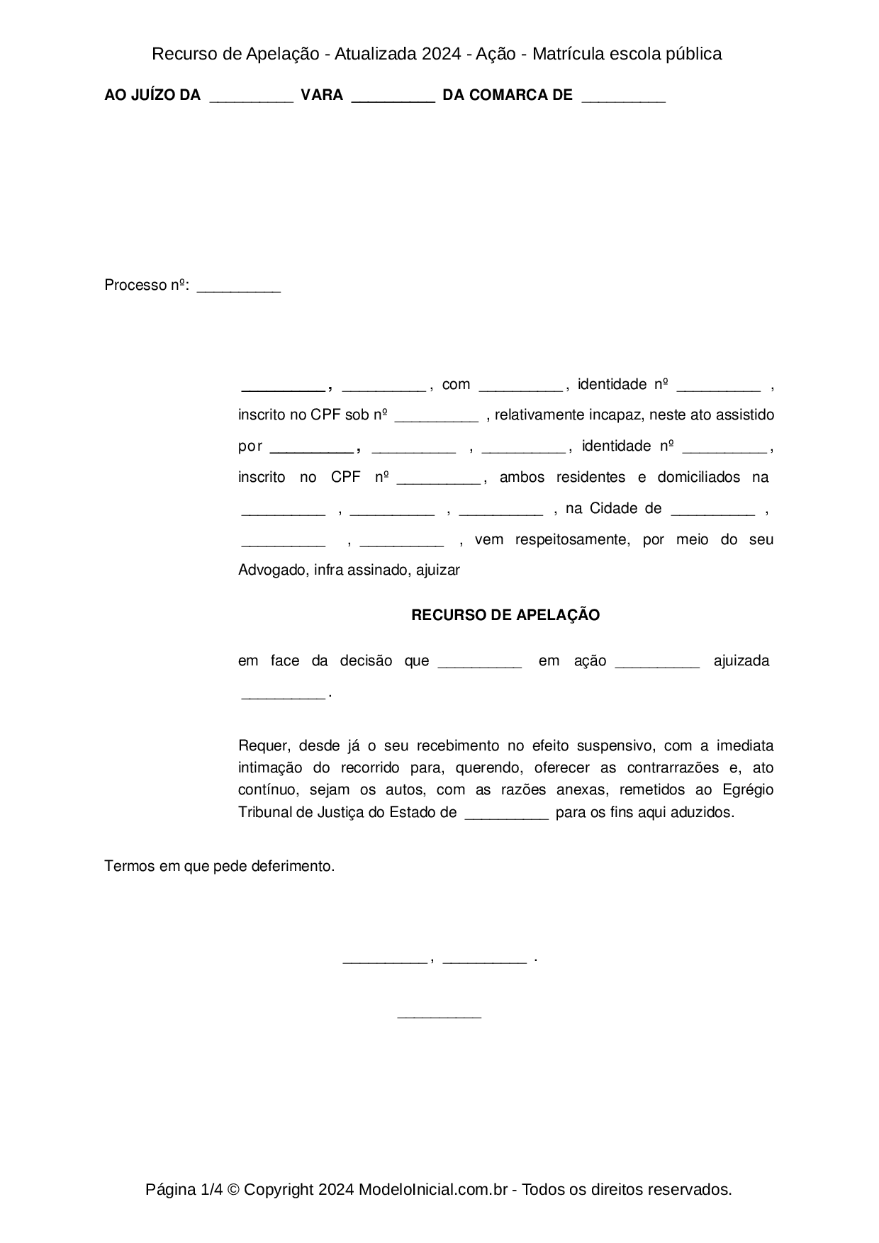 Modelo Recurso De Apelação Atualizado 2024 Ação Matrícula Escola Pública 6534