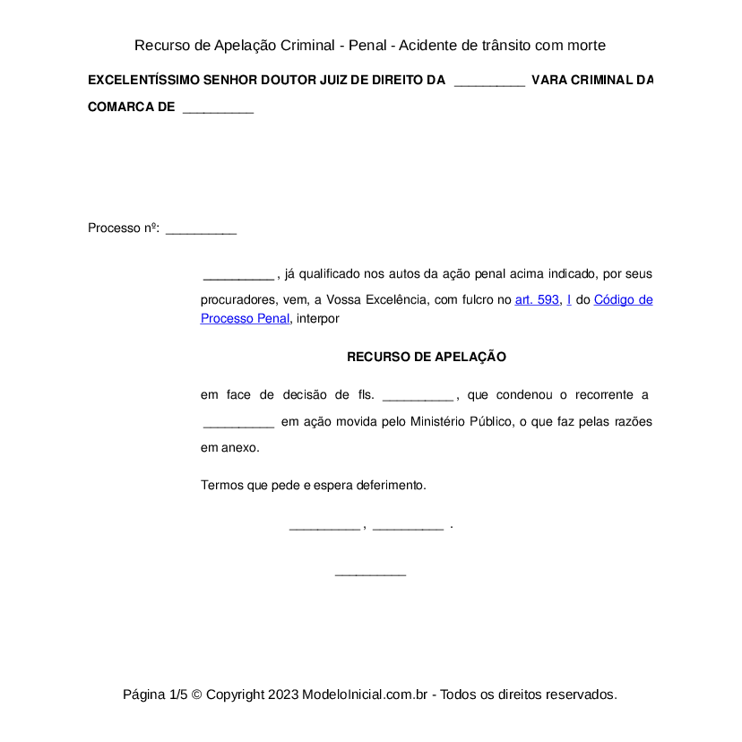 Modelo Recurso em Sentido Estrito - Penal - Acidente de trânsito com morte