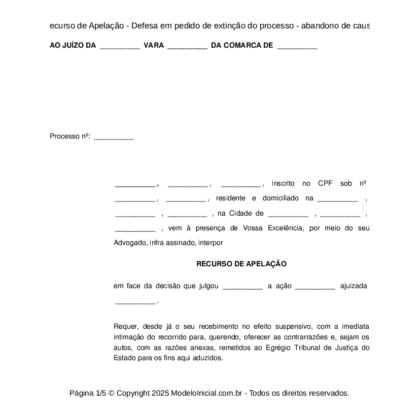 Modelo Recurso de Apelação - Defesa em pedido de extinção do