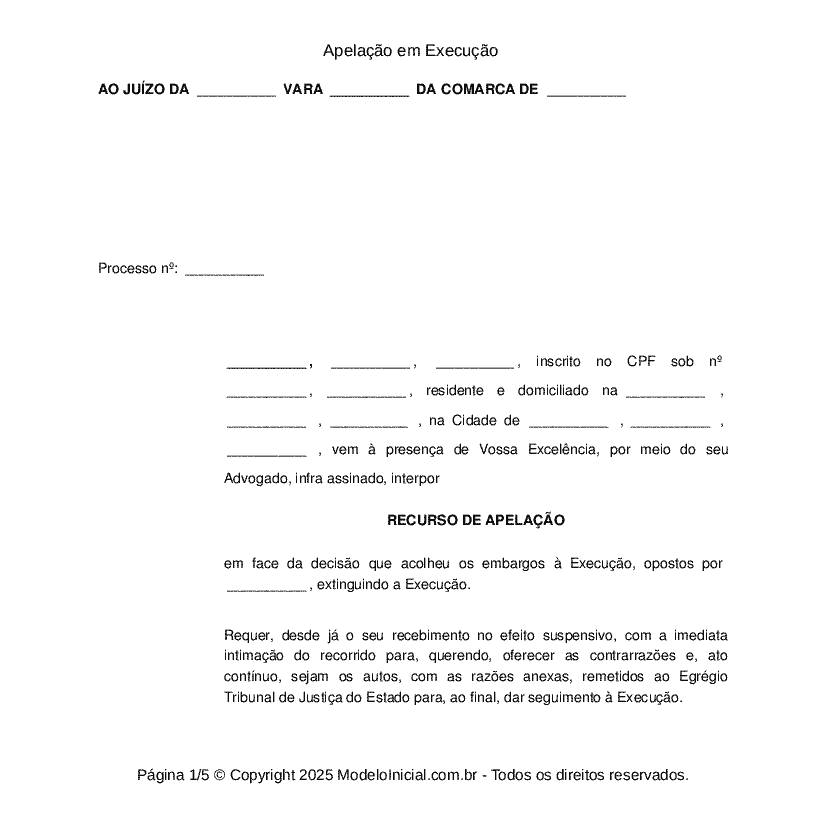 Modelo Recurso de Apelação - Defesa em pedido de extinção do