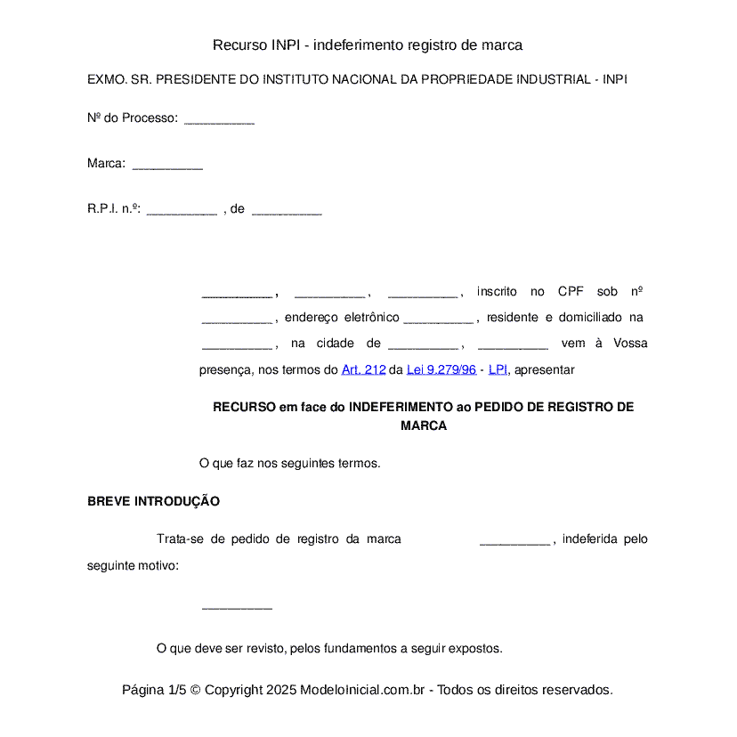 Recurso INPI - indeferimento registro de marca