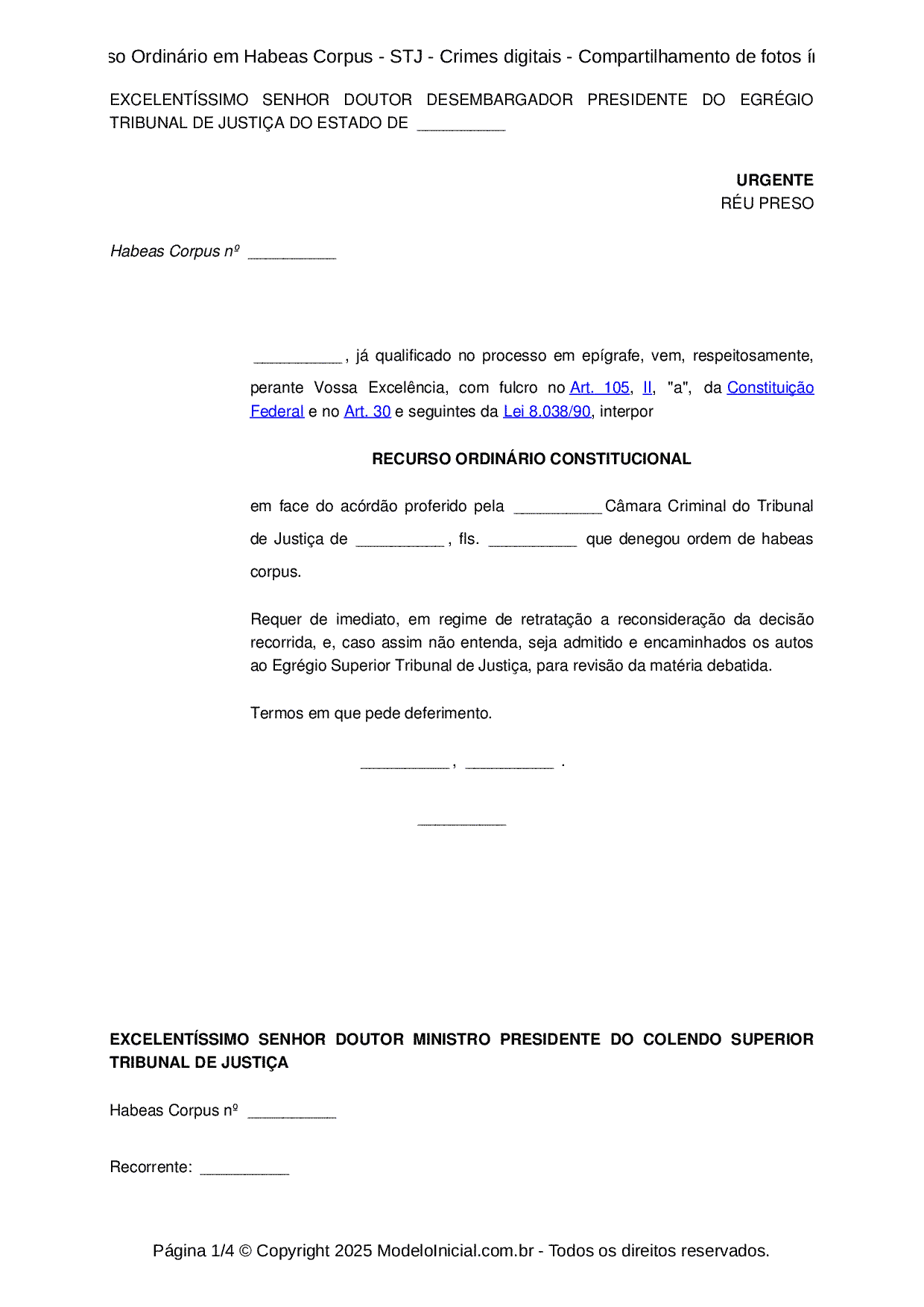 Modelo Recurso Ordinário em Habeas Corpus - STJ - Crimes digitais -  Compartilhamento de fotos íntimas