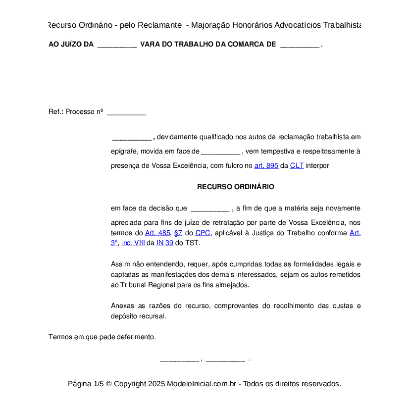 Recurso Ordinário - pelo Reclamante  - Majoração Honorários Advocatícios Trabalhista