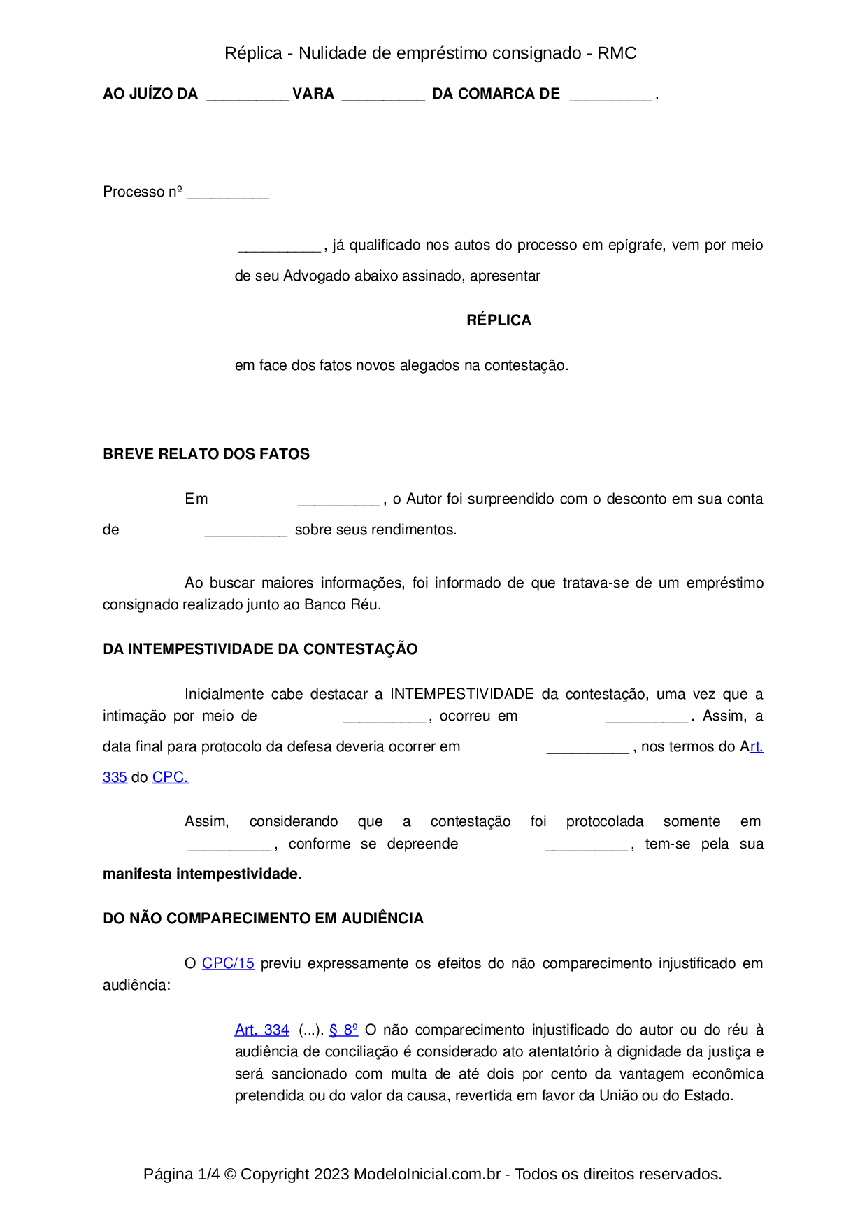 Modelo Réplica - Atualizada 2024 - Nulidade de empréstimo consignado - RMC