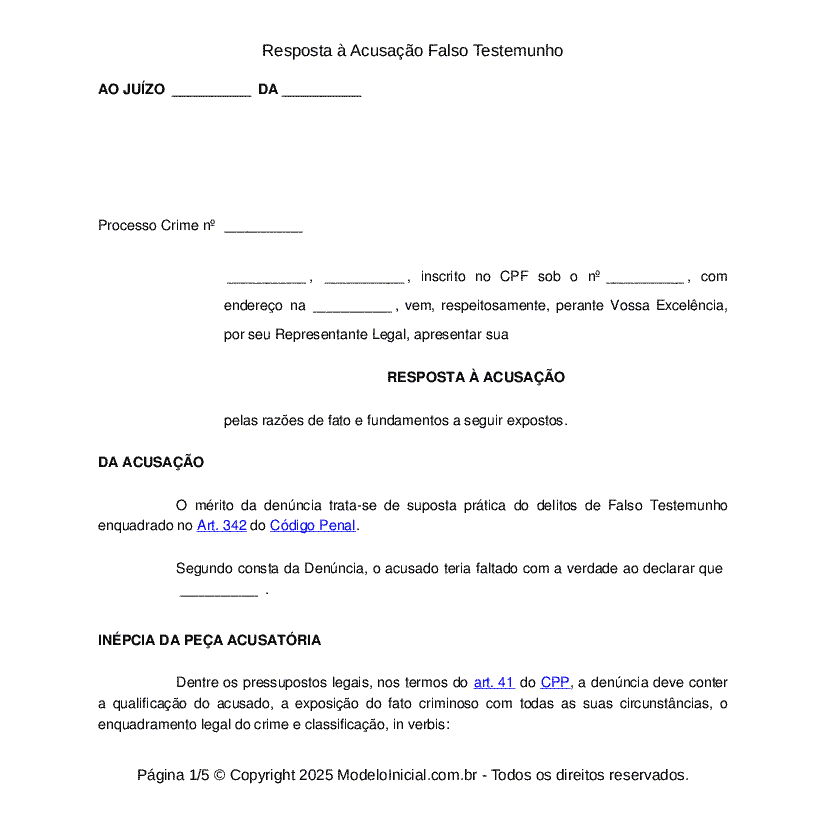 Resposta &agrave; Acusa&ccedil;&atilde;o Falso Testemunho