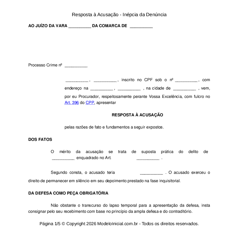Resposta &agrave; Acusa&ccedil;&atilde;o - In&eacute;pcia da Den&uacute;ncia