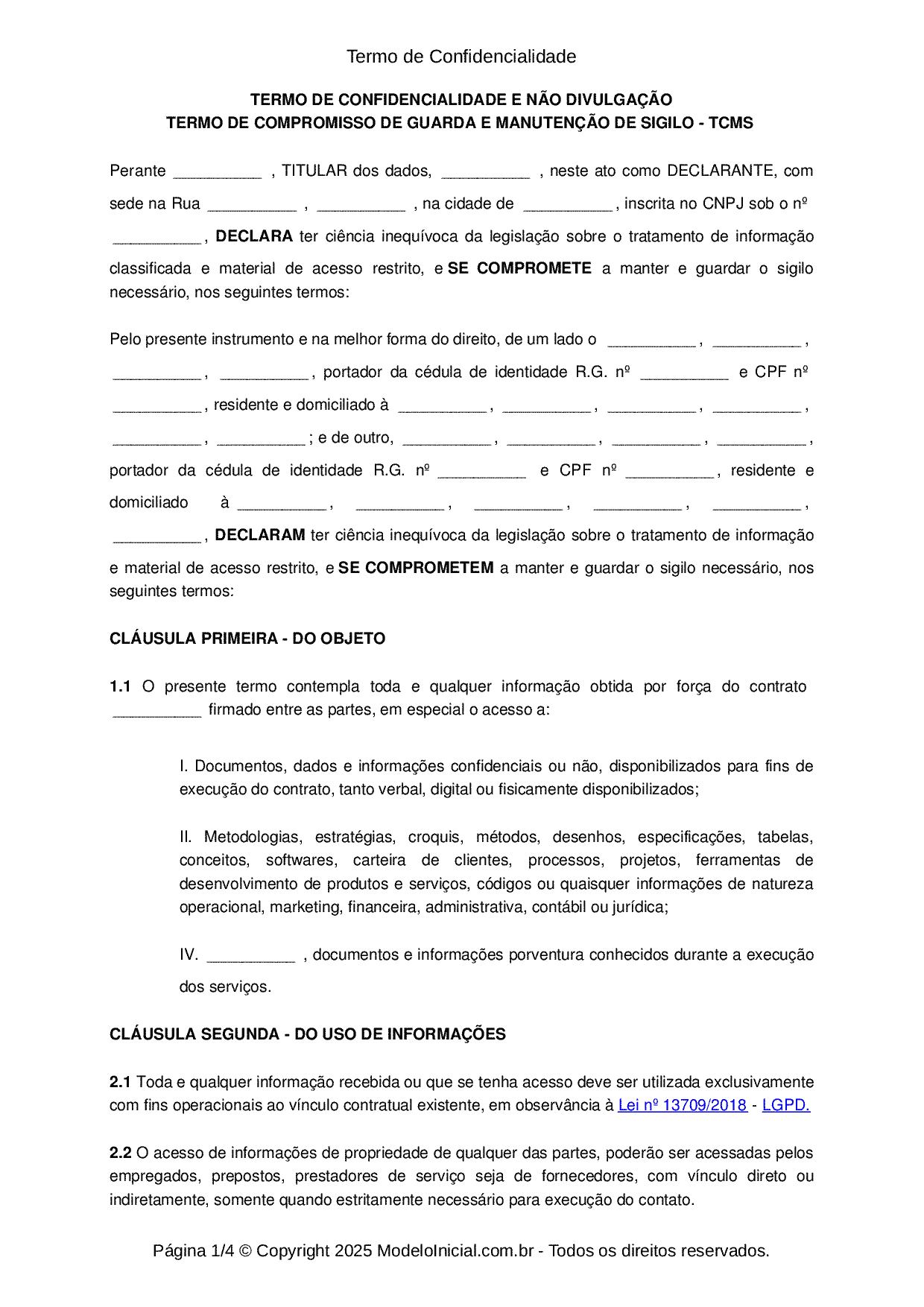 Modelo Termo de Confidencialidade, PDF