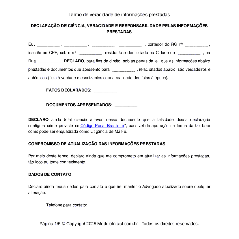 Termo de veracidade de informações prestadas pelo cliente